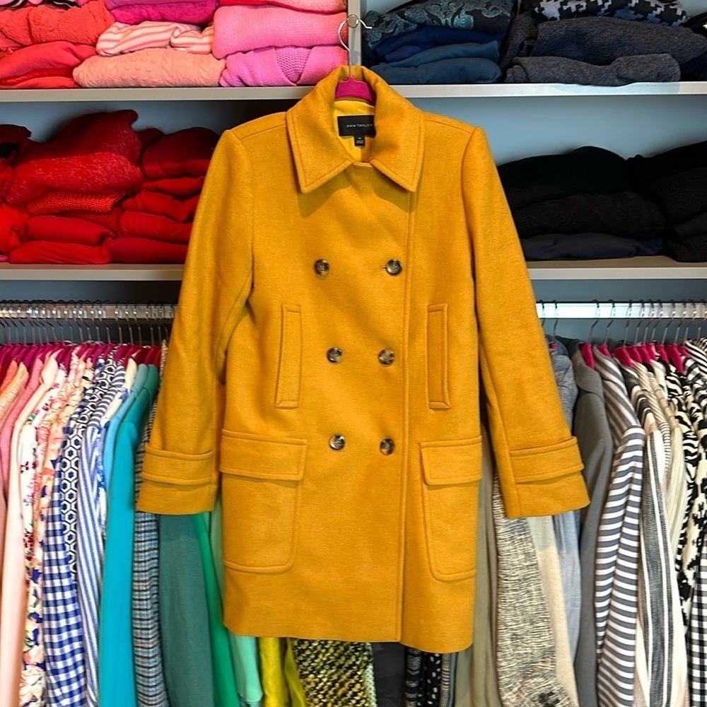 Ann Taylor 48% wool mustard colored peacoat size XS